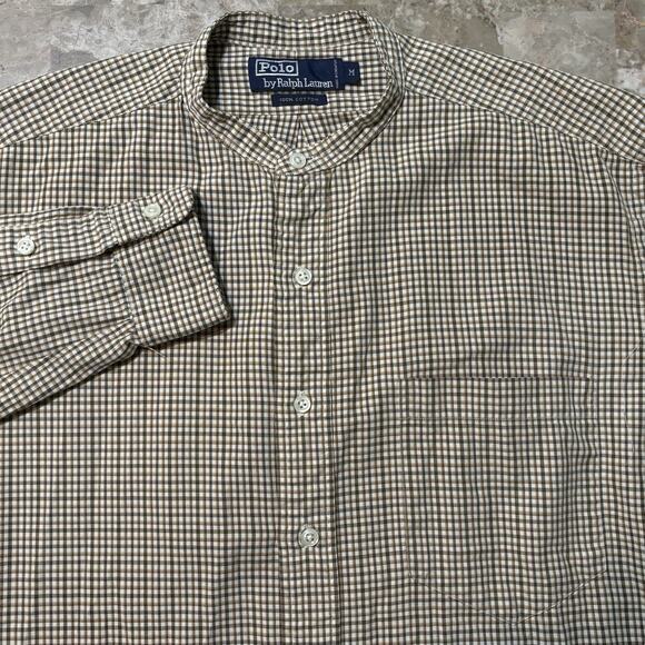 Polo Ralph Lauren Other - Polo Ralph Lauren Shirt Mens Medium Tan Check Band Collar Grandpa Vintage 90s